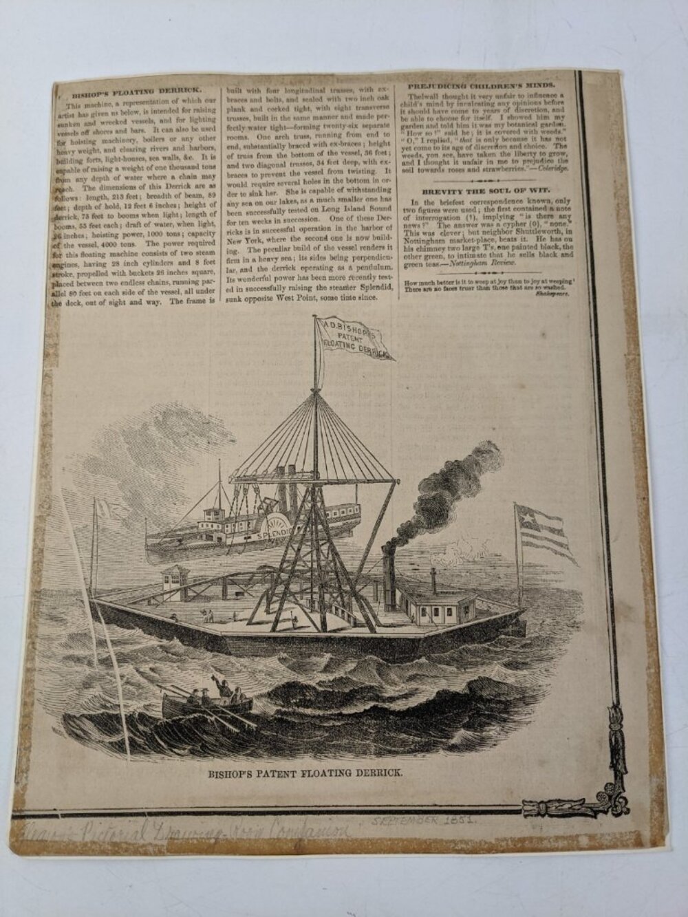 1851 Industrial & Maritime Engineering Engraving Gleasons Bishops Patent Derrick